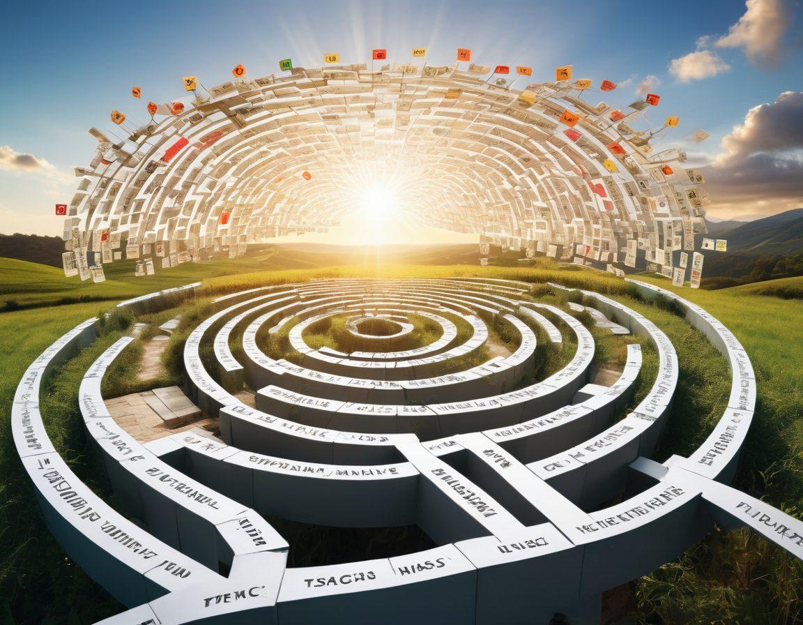 A surreal maze made of various insurance documents and policy symbols, with pathways leading to different insurance coverage options illustrated as colorful signposts. The scene is bustling with diverse characters, representing different demographics, studying and comparing their choices with a sense of determination. A bright sky and sunshine filtering through the maze provide an optimistic atmosphere. super-realistic. vibrant colors. white background.