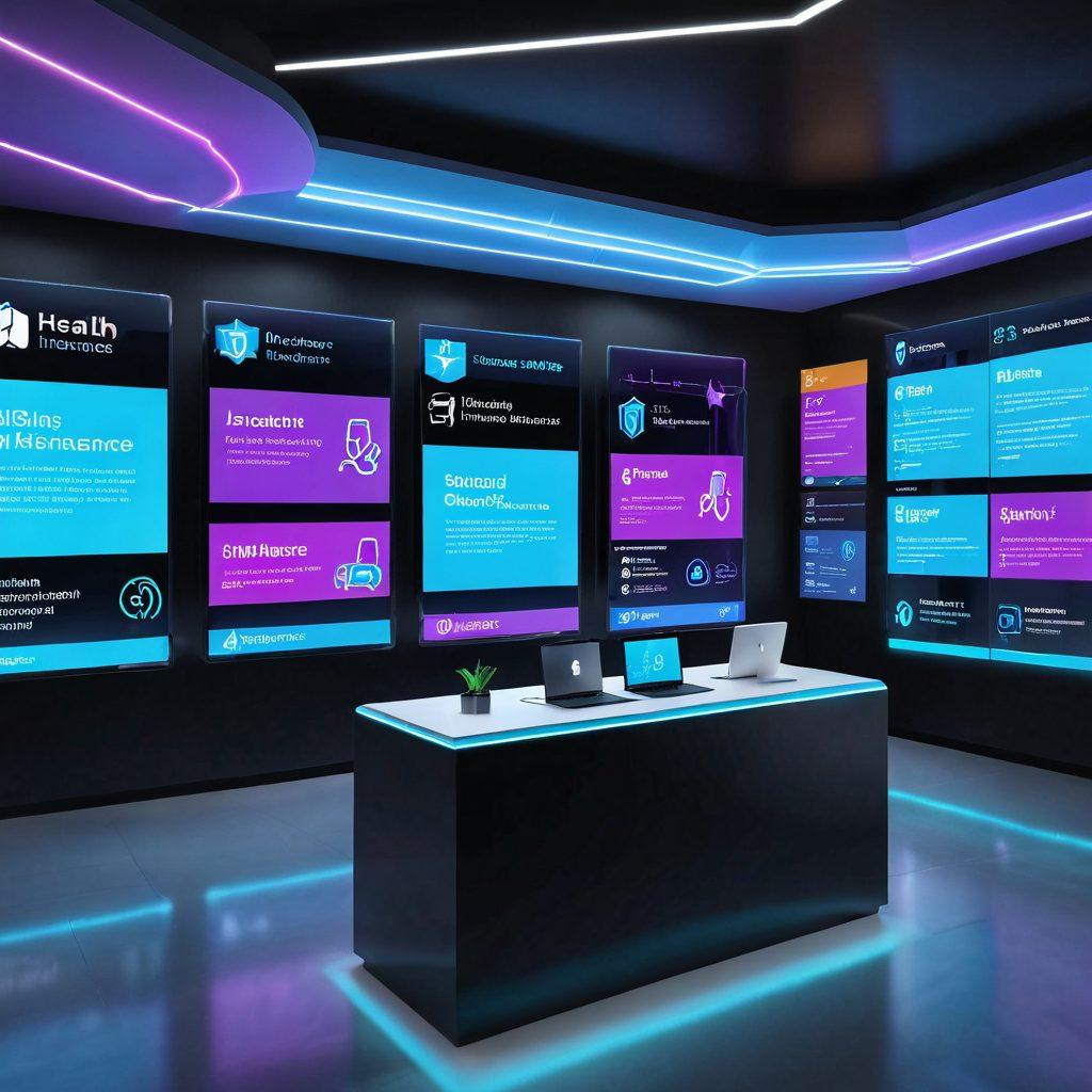 A futuristic digital marketplace showcasing vibrant insurance plan options displayed on floating screens. Different people interacting with screens, analyzing various tailored plans in a sleek, techy environment. Incorporate icons representing health, car, and home insurance for diversity. Add a warm, inviting ambiance with neon lights and clear pathways. super-realistic. vibrant colors. 3D.